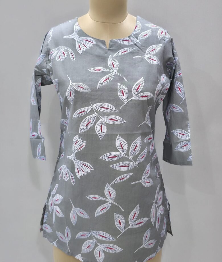 Shop Women's Grey Cotton Leaf Print Short Kurti Tunic Top
