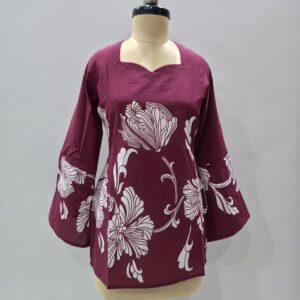 ethnic floral motif maroon short kurti with sweetheart neck and flared bell sleeves