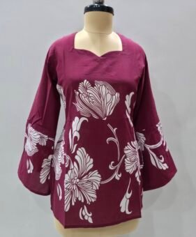 ethnic floral motif maroon short kurti with sweetheart neck and flared bell sleeves