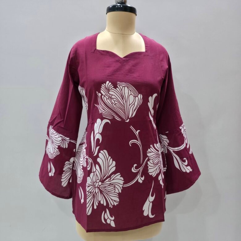 Shop Ethnic Floral Motif Maroon Short Kurti with sweetheart neck and flared bell sleeves