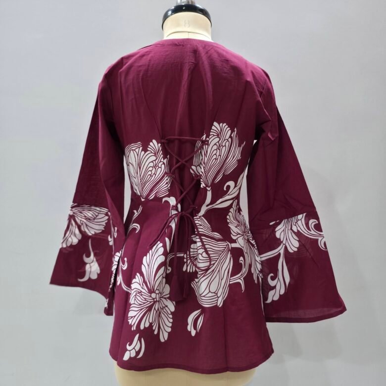 ethnic floral motif maroon short kurti with sweetheart neck and flared bell sleeves