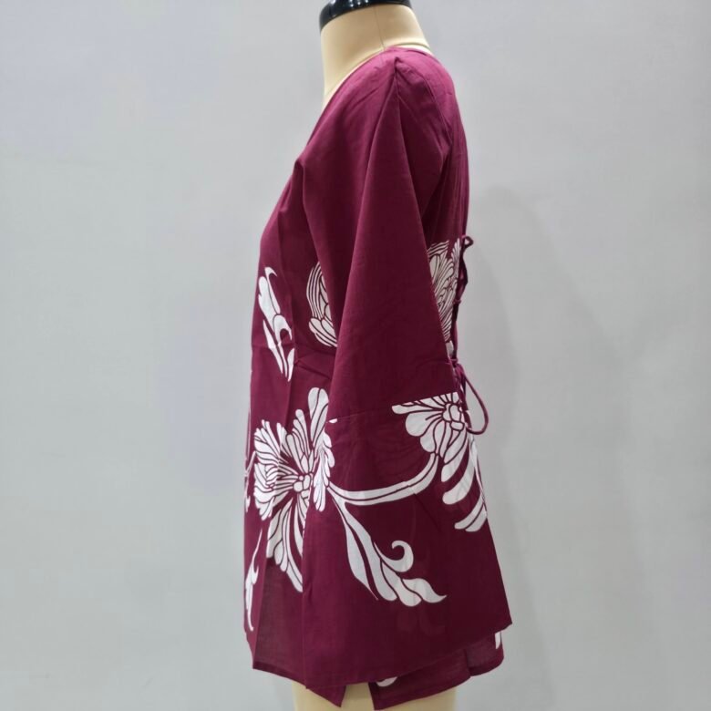 ethnic floral motif maroon short kurti with sweetheart neck and flared bell sleeves
