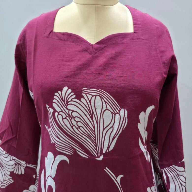 ethnic floral motif maroon short kurti with sweetheart neck and flared bell sleeves